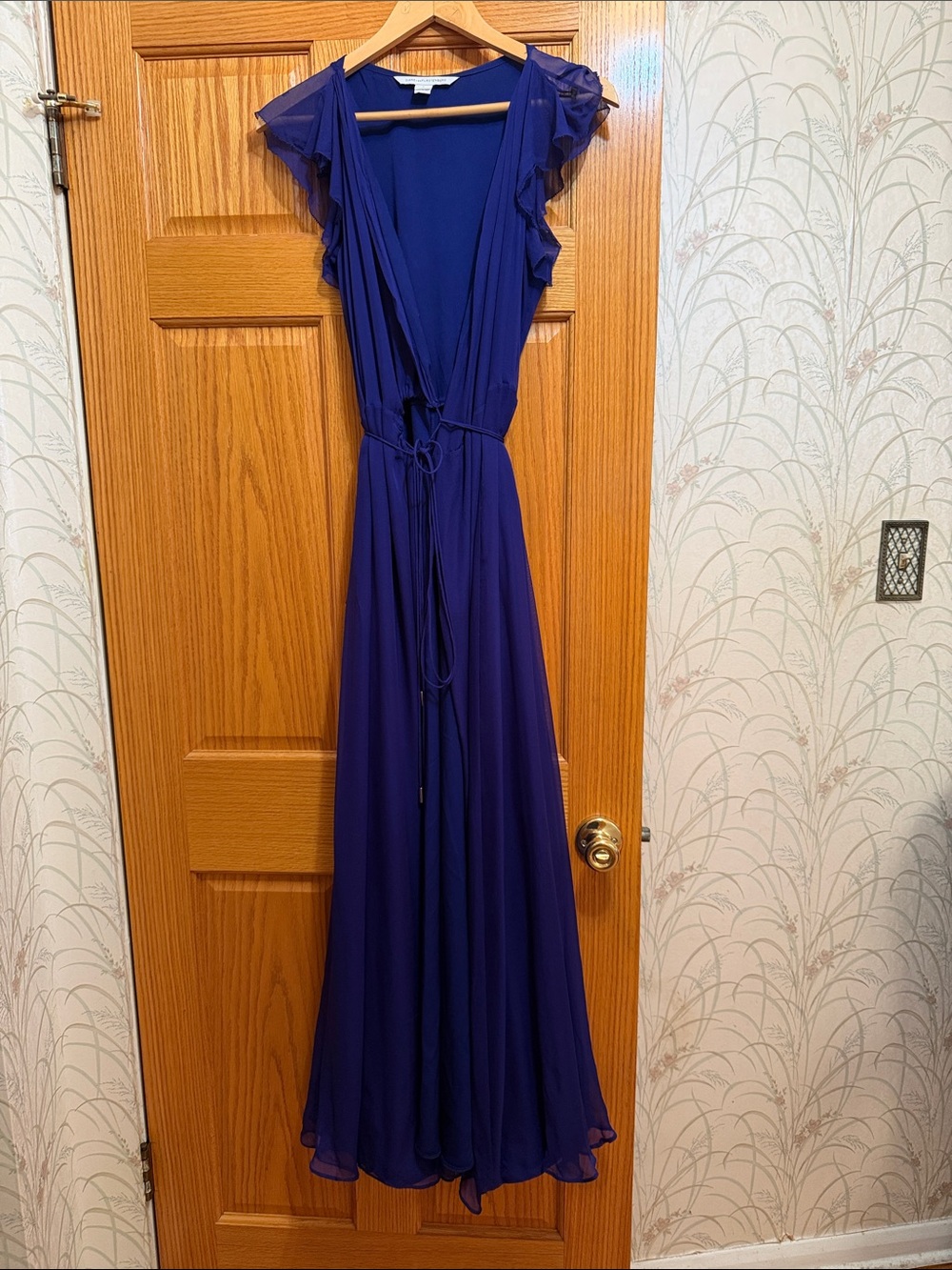 Diane Von Furstenberg 100% Silk Deep Blue/Purple, Wrap, Ruffle Sleeve Maxi Dress